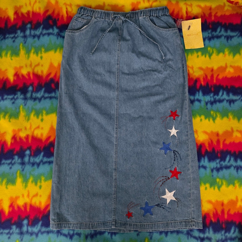 NWT Vintage Quacker Factory Denim Maxi Skirt Large Embroidered Stars Beaded